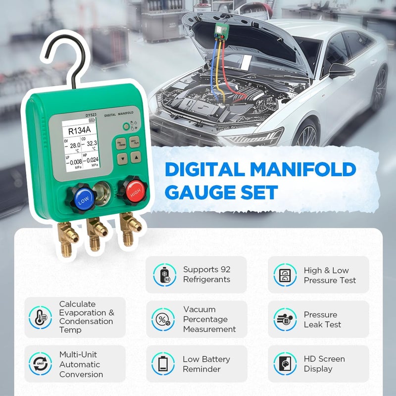 CMTOOL Digital HVAC Gauges Set, 92 Refrigerants, Digital Manifold Gauge Set, Pressure and Vacuum Test, HVAC Tools with 3 Hoses, R134A Quick Connectors & Valve Core Remover - Image 2
